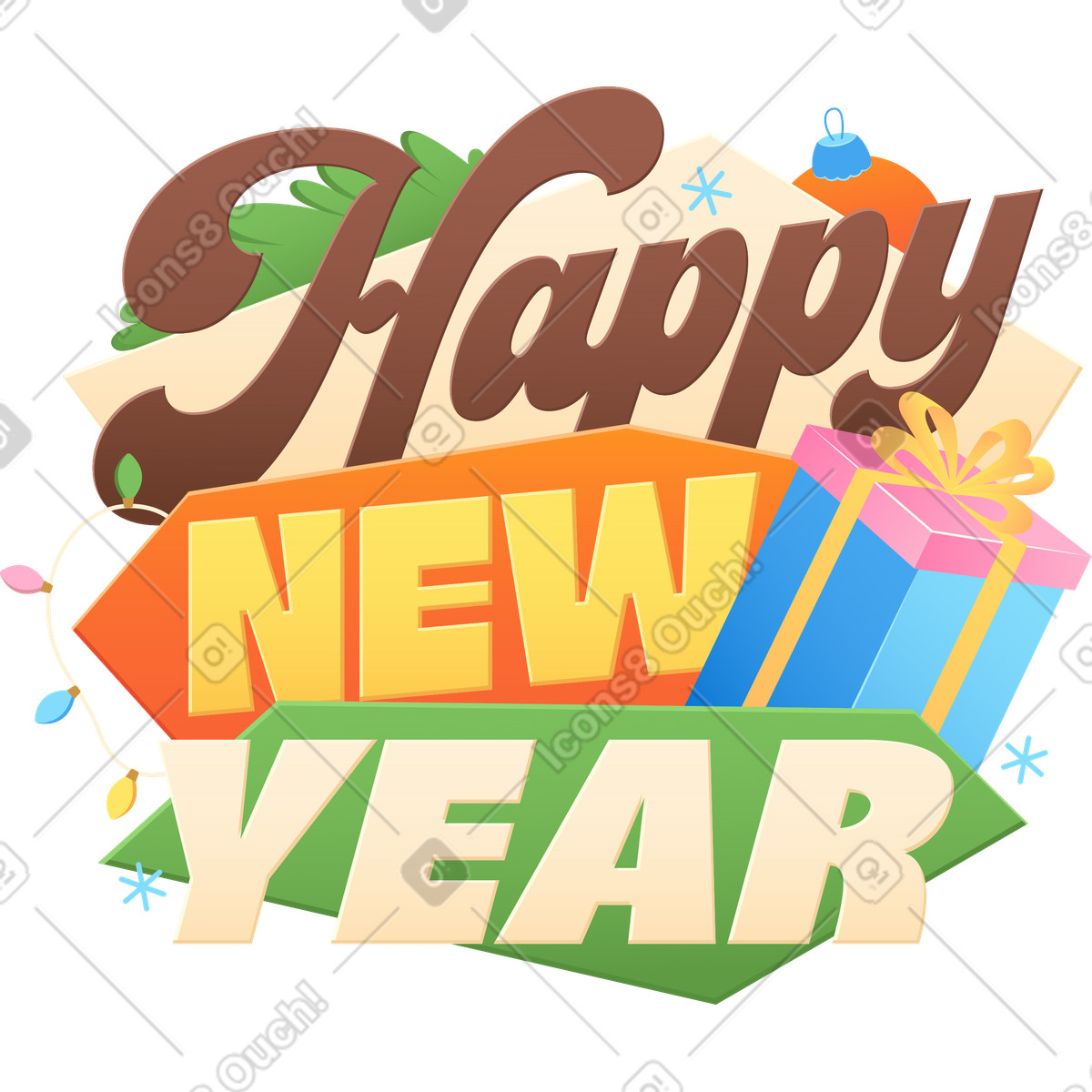 Lettering happy new year with gift box text illustration in style download in PNG, SVG