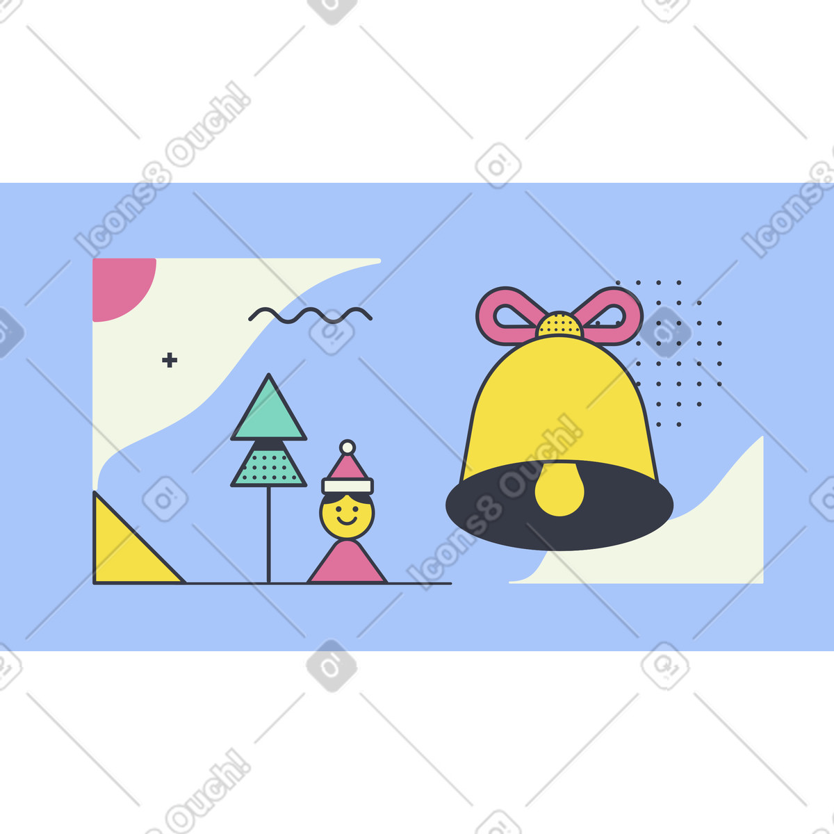 Smiling character in santa hat with big holiday bell, christmas party invitation card illustration Abstract style download PNG, SVG