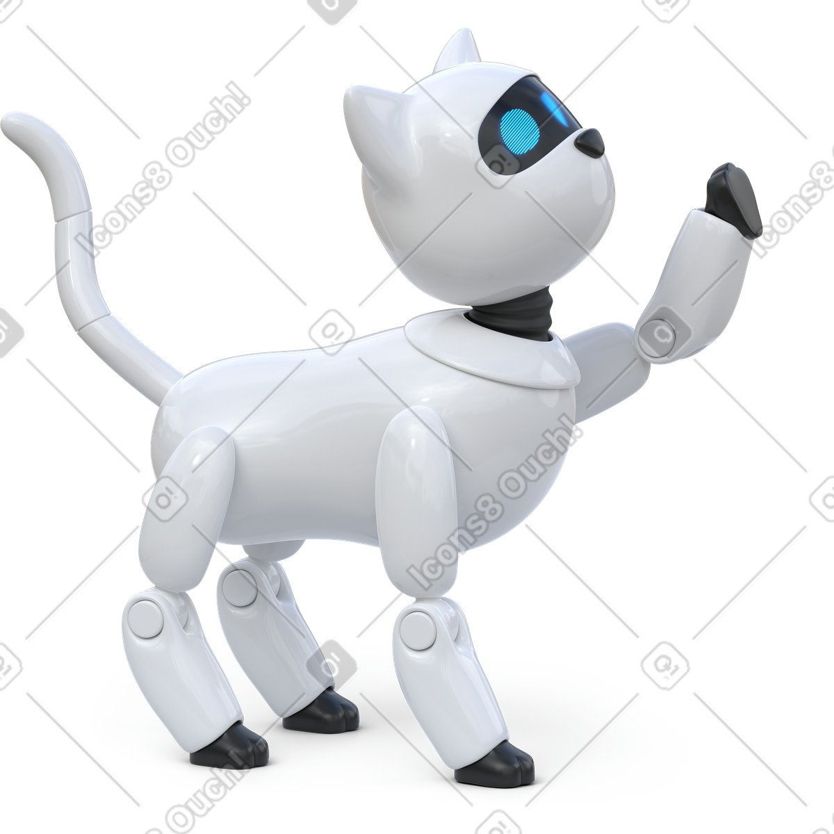 Side view of robot cat looking up and pulls paw illustration in 3D Business style download in PNG, SVG