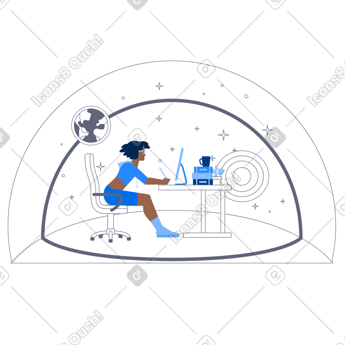 Illustration Graphic artist working remotely in outer space, Futuristic workspace dans le style Urban à télécharger aux formats PNG, SVG