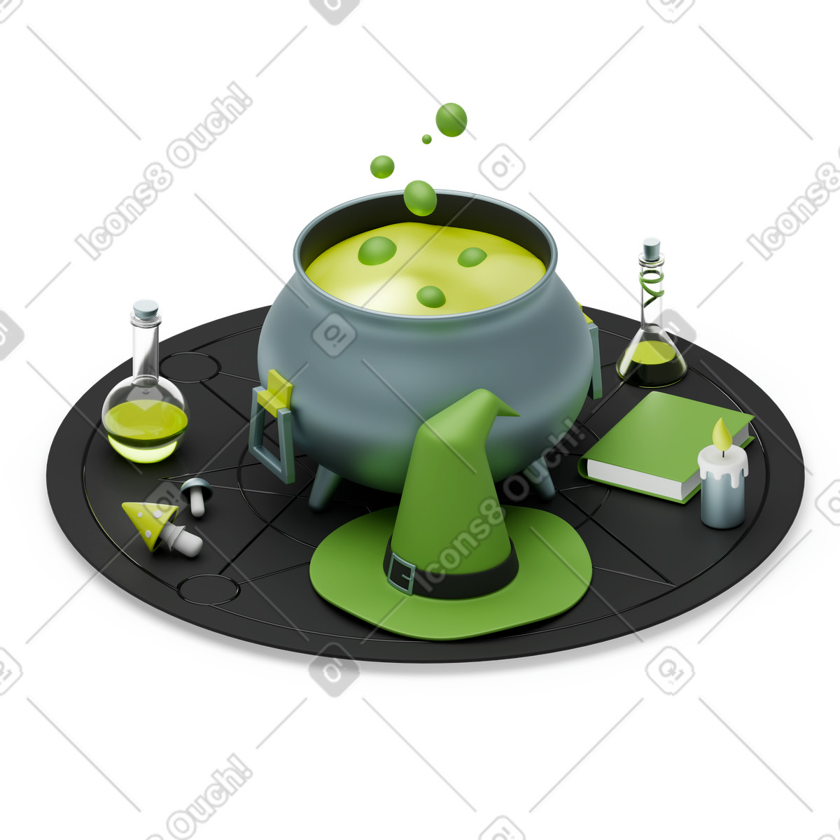 Illustration Chapeau de sorcière et chaudron bouillonnant avec potion dans le style 3D Isometric à télécharger aux formats PNG, SVG