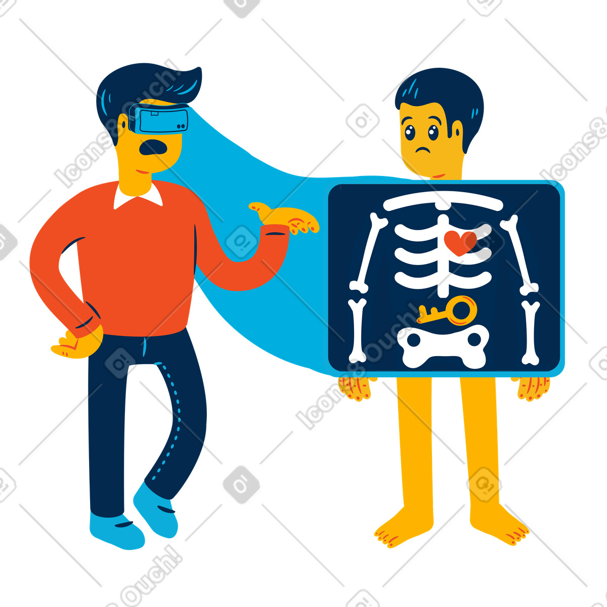 Doctor with VR headset finds key in patient's x-ray, Futuristic technology or something went wrong concept-Illustration im Flame-Stil als Download PNG, SVG