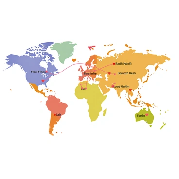 A world map featuring a detailed outline of continents with various cities marked with small red hearts. The map has vibrant colors for landmasses and light blue for oceans. Heart-shaped lines in bright pink connect the cities, creating a network that symbolizes love for travel. Each city is labeled with its name in a playful font, enhancing the charming design of the map.