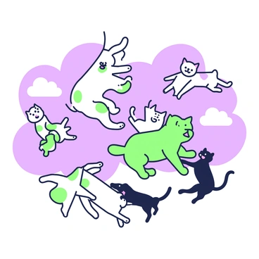 A scene depicts cats and dogs playfully falling from a cloudy sky. The sky is filled with fluffy clouds that create a soft backdrop. Several cats are in mid-air, with distinct breeds visible, each wearing playful expressions. In the same frame, dogs of various sizes and breeds also fall, displaying their excitement with wagging tails and open mouths. Each animal is positioned in different poses, some tumbling while others appear to be playfully reaching out to one another. The overall atmosphere conveys a sense of joyful playfulness among the animals.