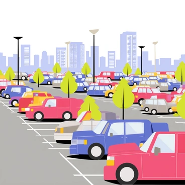 A crowded urban parking lot with a variety of cars parked in neat rows