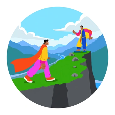 A heroic figure stands defiantly on a rugged, rocky cliff, facing off against "Gabbar Singh," who has a fierce expression and is dressed in traditional attire. The hero is wearing a vibrant outfit with a flowing cape that flutters in the wind. Behind them, the sky is filled with dramatic clouds, hinting at an impending storm. The cliff is steep and jagged, with patches of green grass and small rocks scattered around. Below, a valley stretches out, revealing distant mountains and a river winding through the landscape. The tension between the hero and Gabbar Singh is palpable, as both figures are poised for action, ready to engage in an epic confrontation.