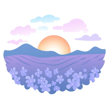 A vast expanse of lavender fields stretches towards the horizon, covered in vibrant purple blooms that create a sea of color. The fields are arranged in neat rows, their delicate flowers swaying gently in the breeze. The sky above is painted in soft pastel shades of orange, pink, and purple as the sun sets in the distance. Silhouetted against the colorful backdrop, a distant hill provides scale to the scene. Scattered white clouds reflect the warm hues of the sunset, adding texture to the sky.