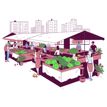 A bustling open-air market is set in a lively city square. Various stalls are lined up, each one filled with an array of fresh produce, including green vegetables, ripe fruits, and vibrant flowers. The stalls are covered with white canopies that provide shade to vendors and shoppers alike. Customers are browsing through the colorful displays, engaging with friendly vendors. A few potted plants and bouquets of flowers are on display, showcasing an assortment of colors. The background features city buildings, adding a sense of urban life to the scene.