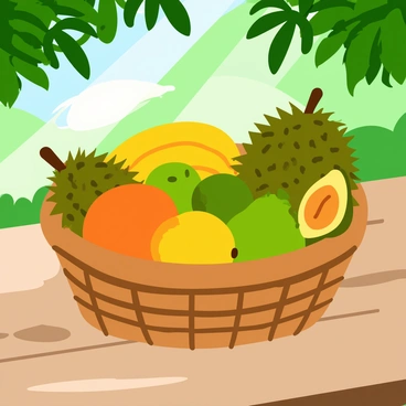 A wicker basket filled with spiky durians and a variety of colorful tropical fruits such as bright yellow bananas, orange mangoes, and green kiwis. The basket is placed on a rustic wooden table that has a weathered texture and visible grain patterns. Sunlight filters through nearby leaves, casting dappled shadows on the table, enhancing the vibrant colors of the fruits. The scene is arranged in a way that showcases the unique shapes and textures of each fruit within the basket.