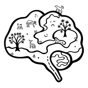 A landscape shaped like a brain, with detailed contours representing various regions. There are several trees with intricate branches and leaves scattered throughout the landscape. Meandering rivers flow in and out between the tree clusters, reflecting the terrain's twists and turns. Various animals, such as deer and rabbits, are positioned in different areas of the landscape, interacting with the environment. The scene conveys a sense of balance between nature and intellect, emphasizing the interconnectedness of life.