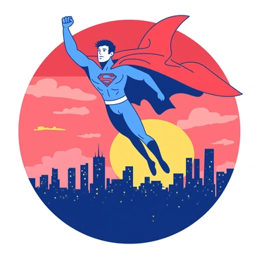 A superhero wearing a bold blue suit with a flowing red cape is soaring high above a city skyline. The city buildings are silhouetted against the vibrant backdrop of a sunset, with hues transitioning from orange to red in the sky. The superhero's pose is dynamic, with one fist raised triumphantly towards the clouds as they glide through the air. Below, the rooftops of the city are dotted with tiny lights beginning to twinkle as night approaches.