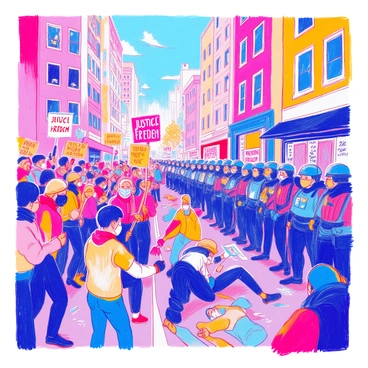 A chaotic urban scene unfolds with a large group of protesters holding signs with the words "Justice" and "Freedom" prominently displayed in bold letters. Some protesters are wearing masks and chanting, while others are throwing objects. In contrast, a line of police in riot gear stands firm, including officers with helmets, shields, and batons. The background shows tall buildings, with some windows shattered and graffiti on the walls. There are clouds of smoke rising, and a few people are seen helping those who have fallen in the scuffle. Vibrant colors capture the intensity of the moment, emphasizing the tension and urgency of the scene.