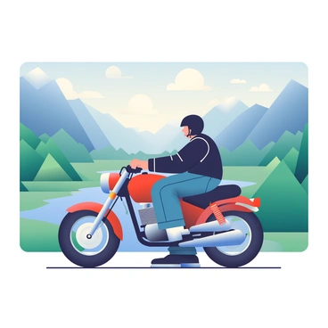 A motorcyclist with a black helmet is sitting on a shiny red motorcycle parked at a mountain viewpoint. The rider is dressed in a black leather jacket and blue jeans. The motorcycle is angled slightly, showcasing its chrome details and sleek design. In the background, a vast valley unfolds with green trees and a winding river visible below. Majestic mountains rise on either side, their peaks dusted with snow. The sky above is clear with a few fluffy clouds scattered, and the sunlight casts a warm glow over the scene, enhancing the vibrant colors of the landscape.