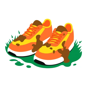 A pair of bright sneakers covered in thick brown mud, showcasing splatters and streaks across the surface. The sneakers are positioned on a patch of grass, with some dirt clinging to the laces and soles. Sunlight glints off the vibrant colors of the sneakers, highlighting their design and texture. A few scattered leaves and twigs surround the sneakers, suggesting an adventurous outdoor setting.