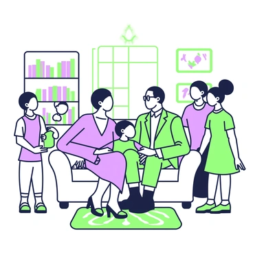 A family portrait of "Malcolm X" is set in a cozy living room. "Malcolm X" is seated on a comfortable sofa, wearing a suit and glasses. Next to him is his wife, "Betty Shabazz," dressed in a stylish dress, smiling as she leans towards him. Their children are positioned around them, with one child sitting on "Malcolm X's" lap, while others stand beside their parents. The living room features a warm atmosphere, with a bookshelf filled with books in the background, a patterned rug on the floor, and a window letting in soft light. Family photos adorn the walls, adding to the intimate setting.