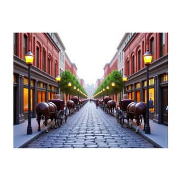 A charming Victorian-era street with horse-drawn carriages and gas lamps