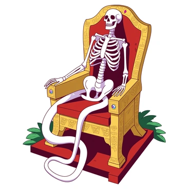 A white snake skeleton is elegantly draped over a regal golden throne, intricately adorned with carvings of ancient symbols and jewels. The throne is positioned on a raised dais, emphasizing its importance. Surrounding the throne, there are faint shadows of lush greenery to suggest a once vibrant realm ruled by the snake queen. The skeleton's delicate bones are perfectly aligned along the backrest, showcasing the artistry of its placement, while a subtle glow emanates from the throne as if it is still imbued with the queen's spirit.