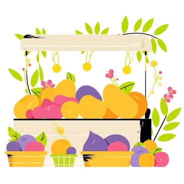 A vibrant tropical market stall overflowing with fresh "passion fruits" in various shades of yellow and purple. The stall is adorned with "exotic fruits" such as "mangoes", "papayas", and "dragon fruits", all displayed in colorful baskets. Bright green leaves frame the stall, adding to the lush atmosphere. The background features hints of tropical flowers in vibrant colors, enhancing the lively setting of the market.