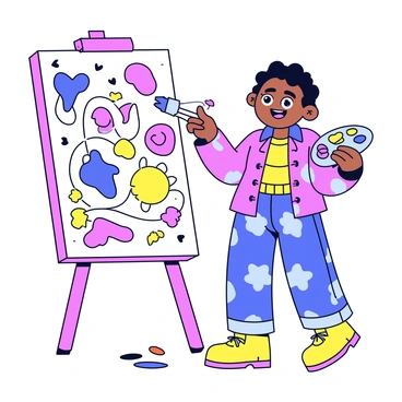 A cartoon character with big expressive eyes and a wide smile is standing in front of a large canvas. The character has vibrant, colorful clothing with various patterns. They are holding a paintbrush in one hand and a palette filled with bright paint colors in the other. The canvas displays an intricate and colorful illustration, featuring swirling shapes and whimsical designs. There are paint splatters on the floor and a few brushes resting nearby, adding to the creative atmosphere.