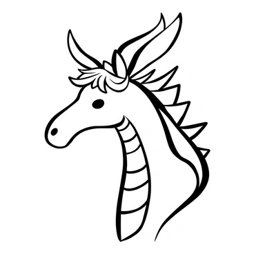 A horse head with elongated ears and flowing mane, seamlessly merging with dragon features. The neck is adorned with sharp, spiky scales running down to the shoulders. Prominent, curved horns emerge from the top of the head, creating a formidable silhouette. The mane transitions into a scaly texture at the back, giving the appearance of a dragon's crest. The overall composition showcases the fusion of equine and draconic elements, with intricate details highlighting the scales and horn structure.