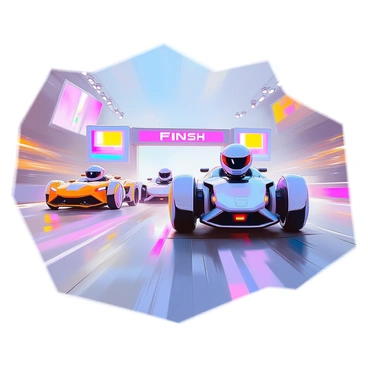 Robots in a futuristic race speeding towards a sleek, metallic finish line