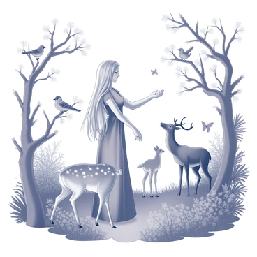 A figure resembling "Galadriel" stands in a lush forest setting. She has long hair flowing gently and is dressed in elegant attire. Around her, various animals such as birds perched on branches, a deer at her feet, and butterflies fluttering nearby. The scene captures the intimate moment as she reaches out a hand, seemingly communicating or connecting with the natural world around her. The forest is dense with details like leaves, ferns, and flowers, creating a rich backdrop for this serene interaction.