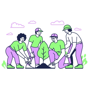 A diverse group of people is gathered in a bare landscape, engaging in planting young trees. There are five individuals: a woman with curly hair wearing a green shirt, a man with a baseball cap holding a young tree, a person with glasses kneeling and digging a small hole, and another individual wearing a sun hat reaching for a sapling. The scene captures their joyful expressions as they work together. In the background, a few scattered clouds can be seen in the sky, while the ground is uneven and bare, ready for new growth.
