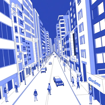 A cityscape filled with tall buildings reaches towards the night sky. The structures feature large windows reflecting the ambient light. Numerous neon signs are attached to the facades, each displaying different advertisements and logos. The streets below are bustling with activity, showcasing people in various poses as they walk. Vehicles can be seen moving along the roads, and the sidewalks are lined with streetlights casting shadows. The scene captures the energy of a lively urban environment.