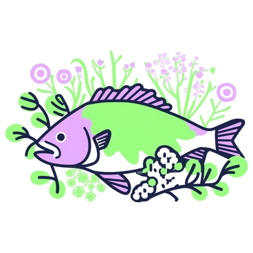 A barramundi is depicted prominently in the center of the image, showcasing its distinct shape and features. The fish is surrounded by various Australian flora, including eucalyptus leaves and flowering gum branches. The background features clusters of wildflowers and native grasses, creating a natural environment. The composition highlights the barramundi within its habitat, emphasizing the diversity of the surrounding plants.