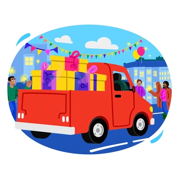 A red truck decorated with vibrant, colorful streamers and balloons, driving through a festive New Year parade. The truck features large, shiny presents stacked in the back, each wrapped in bright wrapping paper with big bows. The streets are lined with cheerful onlookers, some waving festive flags and others holding sparklers. In the background, there are illuminated holiday lights hanging from nearby buildings, creating a joyful atmosphere.