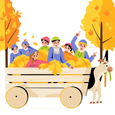 A hayride cart filled with smiling children and adults, each wearing cozy sweaters and hats to embrace the autumn chill. The cart is made of wooden slats and is overflowing with hay bales. In the background, vibrant orange and yellow leaves dangle from tall trees, creating a picturesque fall scene. The sky is clear blue, and the sun casts a warm glow on the joyful expressions of the riders. Some children are playfully throwing leaves in the air, while others are pointing excitedly at something in the distance. A friendly farm animal, like a brown and white spotted goat, peeks over the edge of the cart, adding to the cheerful atmosphere.