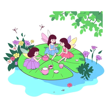 A group of small, delicate fairies with iridescent wings are gathered on a large, vibrant green floating leaf. Each fairy is wearing a dress made of flower petals in various shades, creating a colorful display. The leaf is gently bobbing on the surface of a serene pond, and there are tiny teacups and a teapot made of a shiny, transparent material set up on the leaf. The fairies are sitting in a circle, smiling and chatting, while some are pouring tea into the cups. Surrounding the floating leaf, there are clusters of colorful flowers and a few dragonflies hovering nearby. The scene is illuminated by soft sunlight filtering through the leaves of the trees above.