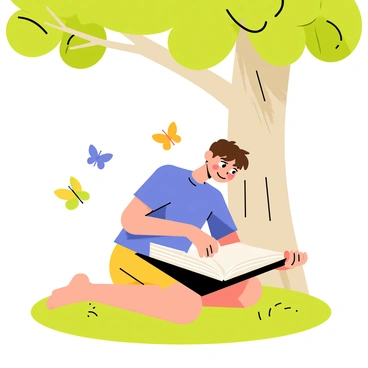 A cartoon boy with short brown hair sitting cross-legged on the grass. He is wearing a bright blue t-shirt and yellow shorts. The boy is holding an open book, leaning forward with a focused expression on his face. Above him, there is a large leafy tree with a thick trunk providing shade. Sunlight filters through the leaves, creating dappled patterns on the ground around him. A few colorful butterflies are fluttering nearby, adding to the playful scene.