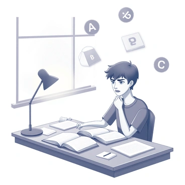 A student is seated at a wooden desk, surrounded by open books and scattered notes. The student has a serious expression, with furrowed brows and lips pressed together, showing deep focus on the material before them. Above the student's head, several floating grades, depicted as large, distinct letters like "A," "B," and "C," are arranged in a semi-circle, emphasizing the academic context. The setting is a bright study room, with a lamp casting light over the desk, and a window in the background allowing soft light to filter in.