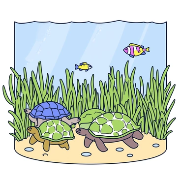An underwater seagrass meadow with sea turtles grazing and fish swimming