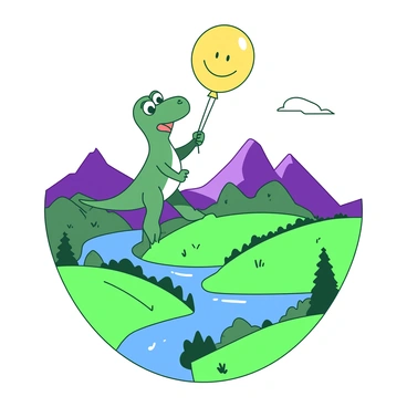 A green dinosaur with large eyes is holding onto a yellow balloon with a smiley face, floating above a scenic landscape. Below the dinosaur, there are rolling hills covered in vibrant green grass. A winding blue river cuts through the landscape, reflecting the sunlight. In the distance, there are purple mountains towering against a clear sky. The balloon is tethered to the dinosaur's small hand, and the dinosaur appears joyful as it gazes at the beautiful view below.