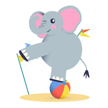 A cartoon elephant delicately balancing on a small circus ball
