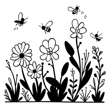 A garden filled with a variety of flowers designed for pollinators. There are clusters of blooming flowers with different shapes and sizes, some tall and some low to the ground. Bees are depicted flying from flower to flower, with their wings detailed in motion. Butterflies are seen resting on the petals, showcasing their intricate wing patterns. There are also small plants and herbs interspersed throughout the garden, adding to the diversity. A gentle breeze creates a sense of movement among the plants and flowers.