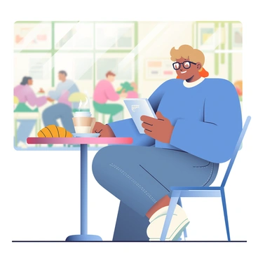 An individual with light brown hair and glasses is sitting at a small, round table in a bustling café. They are smiling while managing their finances through an online banking app on their sleek tablet. The person is wearing a casual blue sweater and jeans. In front of them is a cup of steaming coffee, alongside a croissant on a small white plate. The background features blurred images of other patrons enjoying their time in the café, creating a lively atmosphere. Bright sunlight filters through the large windows, casting a warm glow on the scene.