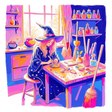 A workshop filled with warm, golden light features a witch working diligently on crafting broomsticks. The witch is wearing a long dark robe adorned with silver stars and a pointed hat. She is seated at a wooden table covered with tools and materials. Various broomsticks stand in different stages of completion around her, showcasing intricate designs carved into the wood, including swirling patterns and nature motifs. Shelves in the background are lined with jars filled with colorful magical ingredients and herbs. A cauldron bubbles gently in one corner, adding to the workshop's magical atmosphere.