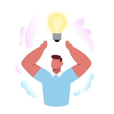A lightbulb is glowing brightly, suspended above a person's head. The person is standing with their arms slightly raised, suggesting enthusiasm. They are wearing a casual shirt and are in a relaxed pose. The background features a soft gradient of pastel colors that enhances the overall mood. The light from the bulb casts a warm glow, illuminating the area around it.