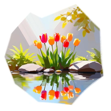 A group of rare tulips with vibrant colors, including deep reds and striking yellows, stands elegantly by the edge of a pond. The smooth surface of the pond reflects the tulips, creating a stunning mirror image. Surrounding the pond, there is lush greenery including ferns and various leafy plants, adding depth to the scene. Soft sunlight filters through the leaves overhead, casting gentle shadows on the water. The overall composition captures the beauty of nature in a peaceful setting.