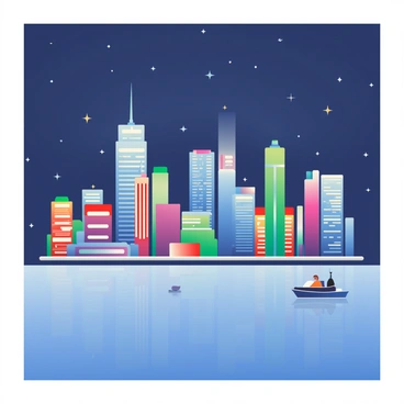A vibrant digital illustration of a city skyline at night with colorful lights reflecting on water.