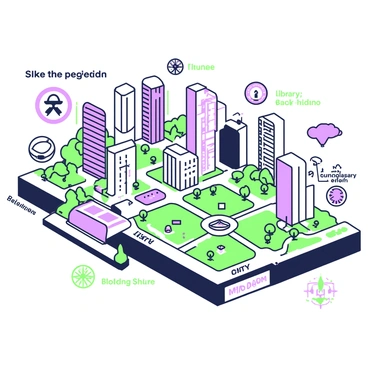 A hand-drawn map of a city is displayed, showcasing a detailed layout of urban features. The map includes several towering skyscrapers, each with unique architectural designs, scattered throughout the cityscape. Interspersed between the buildings are green parks, illustrated with trees, pathways, and open spaces for recreation. Roads and streets are sketched with clear markings, leading to various points of interest, such as a library, a museum, and a central square. In the corners of the map, there are compass markings and a legend explaining the symbols used for different landmarks.