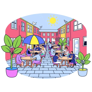 A quaint courtyard featuring a cobblestone floor surrounded by charming brick buildings. In the courtyard, there are several round wooden tables with colorful umbrellas providing shade. Various people are seated at the tables, some chatting animatedly while others are sipping drinks. Tall potted plants with vibrant green leaves are placed around the area, adding splashes of color. The sun is shining brightly, casting soft shadows on the ground. A few birds can be seen perched on nearby ledges, completing the lively scene.