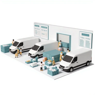 A large delivery center, featuring a spacious interior with high ceilings and bright overhead lights. Several delivery cars are parked in designated areas, each one meticulously cleaned and shining. Workers in uniforms are busy inspecting the vehicles, checking the engines and organizing paperwork. There are delivery pallets filled with packages stacked neatly nearby, and a digital display board showing shipment schedules and destinations is mounted on the wall. The atmosphere is bustling with activity as the cars are being prepared for shipment.