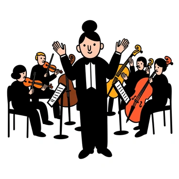 A character with light skin and short black hair is standing confidently in front of a large orchestra. They are wearing a formal black suit with a white shirt and a black bow tie. The character has their arms slightly raised, as if preparing to conduct the orchestra. Behind them, the musicians are seated with various instruments, including violins, cellos, and brass instruments. The scene conveys a sense of anticipation, with music stands and sheet music visible in the foreground.