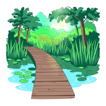 A brown wooden boardwalk stretches through a vibrant green swamp landscape, lined with tall green reeds and clusters of lily pads on the water's surface. Sunlight filters through the leaves of overhead trees, casting dappled shadows on the boardwalk. In the background, a variety of green foliage creates a rich tapestry, with hints of orange and yellow flowers peeking through. Small, rippling waves can be seen on the calm water beside the boardwalk, reflecting the greenery above.