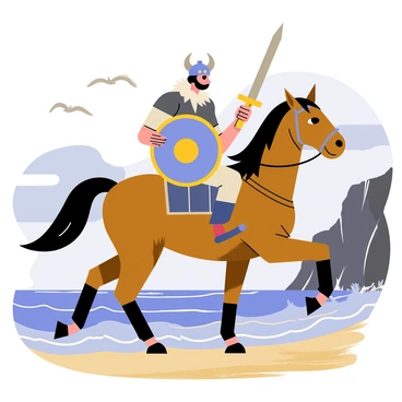 A Viking warrior wearing a horned helmet and a fur-lined cloak is riding a sturdy brown horse. The horse’s mane is flowing in the strong wind. The coast features rugged cliffs and waves crashing against the rocky shore. The sky is filled with dark gray clouds and hints of sunlight breaking through. The warrior holds a shield with a circular design in one hand and a sword raised in the other, ready for battle. Seagulls can be seen flying overhead, adding to the dynamic scene.