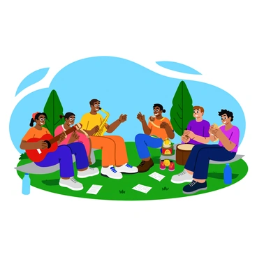 Musicians in a circle sharing instruments during a jam session